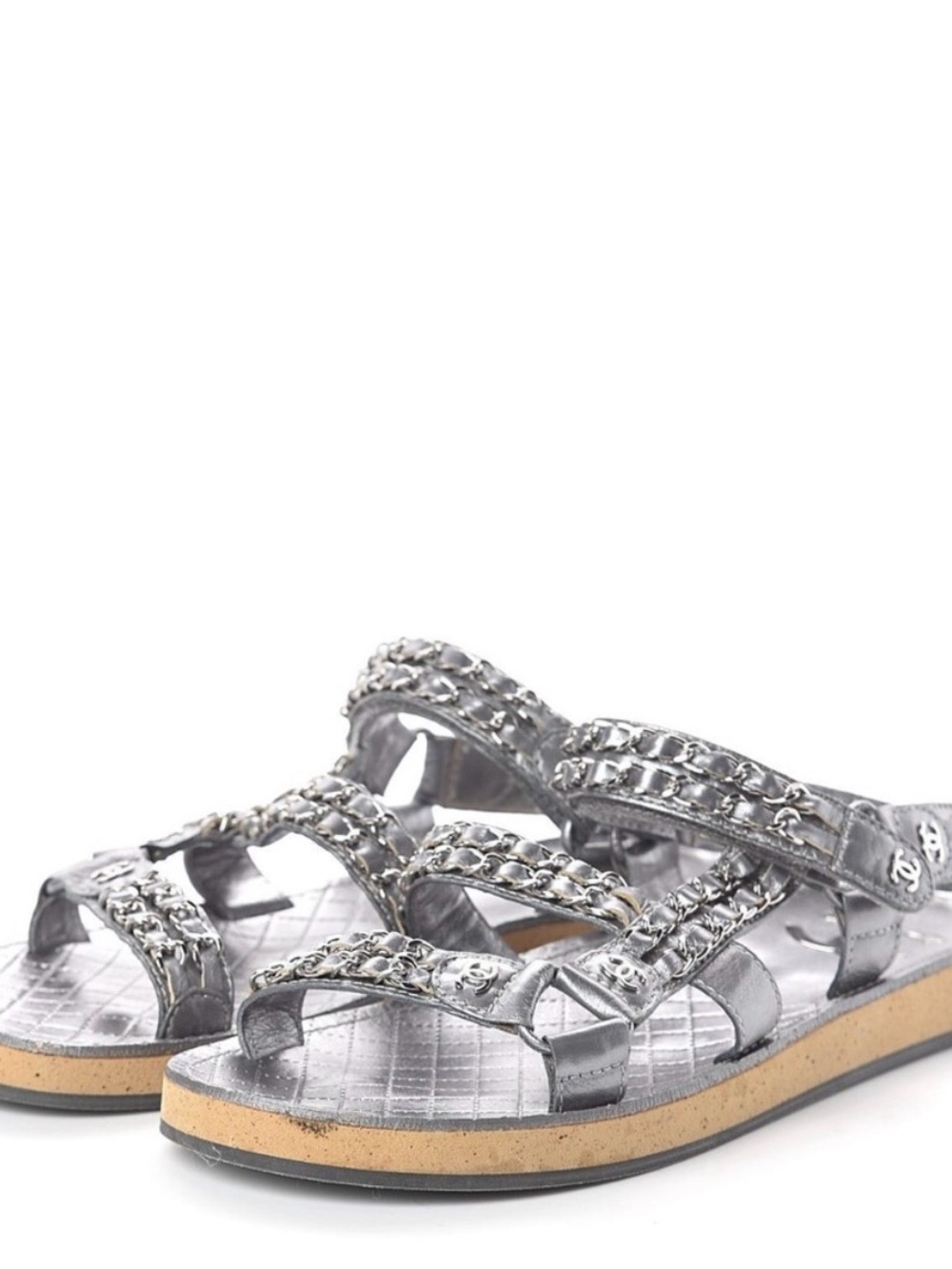 Chanel Metallic Silver Chain-Strap Slide Sandals
